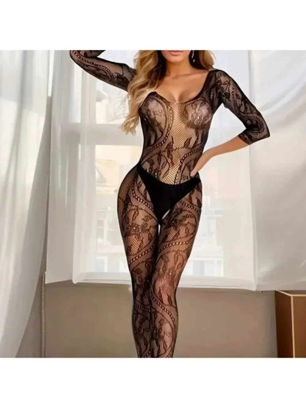 Black Sheer Lace Fishnet Bodystocking Open Crotch Lingerie